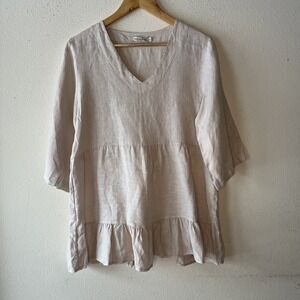 Laura Bianchi Beige  Tunic Top 100% Linen V Neck Tiered 3/4 Sleeves Italy L